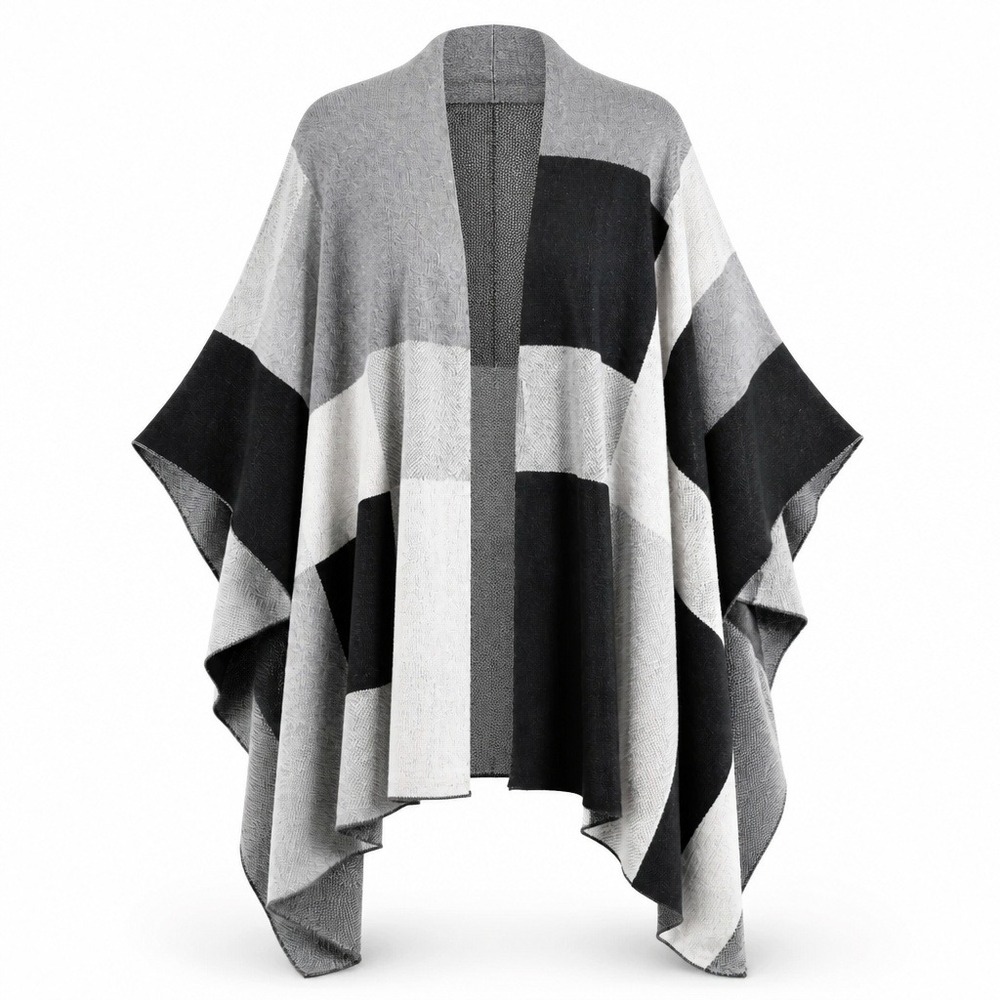 Joseph A Woman Colorblock Knit Poncho Wrap Black Grey White One Size